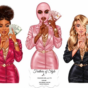 May include: Three digital illustrations of women wearing suits and holding stacks of money. The women are wearing pink, red, and black suits. The women are all wearing gold jewellery and have their fingers to their lips.