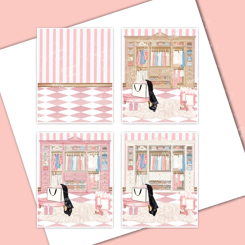 May include: Four digital illustrations of a pink and white wardrobe with a white rug, a black handbag, and a pink gift box. The wardrobe is filled with clothes and shoes.