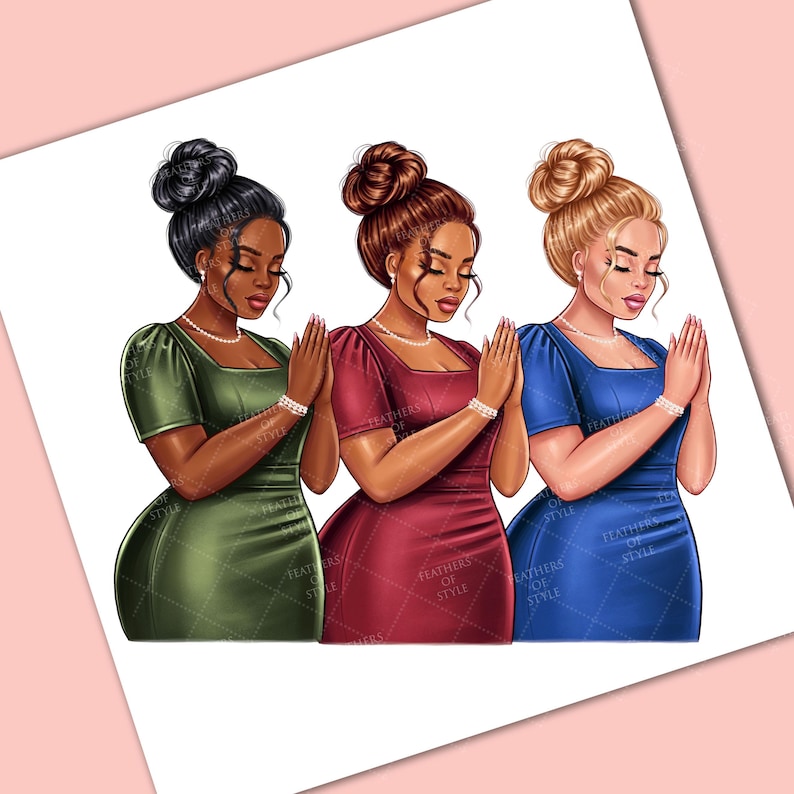 May include: Three women in different colored dresses are praying with their hands clasped together. The woman on the left is wearing a green dress, the woman in the middle is wearing a burgundy dress, and the woman on the right is wearing a blue dress.