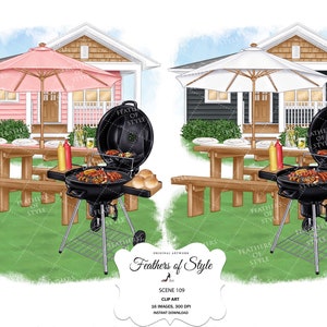 Op de afbeelding: Twee illustraties van barbecues in de achtertuin met een roze en een zwart huis op de achtergrond. Elke scène toont een picknicktafel met borden, een grill met eten dat wordt gegrild en een rode en gele fles met kruiden.