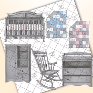 May include: A set of nursery furniture in a gray finish, including a crib, dresser, changing table, and rocking chair. The furniture is decorated with a subtle floral pattern.