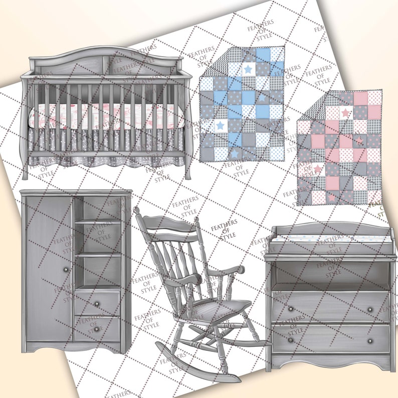May include: A set of nursery furniture in a gray finish, including a crib, dresser, changing table, and rocking chair. The furniture is decorated with a subtle floral pattern.