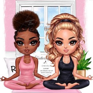 Puede incluir: Dos chicas de dibujos animados con diferentes tonos de piel están sentadas en una postura de yoga. La chica de la izquierda lleva un top rosa y pantalones de yoga rosa. La chica de la derecha lleva un top negro y pantalones de yoga negros. Ambas chicas tienen el pelo largo y sonríen.