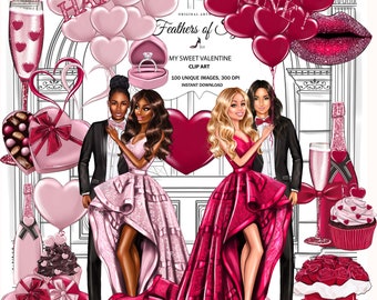Valentines Day Clipart Pink Valentine's Day Engagement Clipart, Fashion Illustration, Love Couple Clip Art Valentines Day Stickers Love