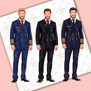 May include: Three illustrations of men wearing different variations of a pilot uniform. The first man is wearing a navy blue uniform with gold buttons and gold trim on the sleeves. The second man is wearing a black uniform with gold buttons. The third man is wearing a navy blue uniform with gold buttons and gold trim on the sleeves. All three men are wearing a white shirt, a dark tie, and a gold pilot's badge.