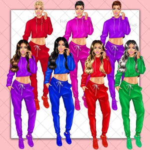 May include: Six illustrations of women wearing different colored cropped hoodies and matching sweatpants. The women are all wearing sneakers and have their hair styled in different ways.