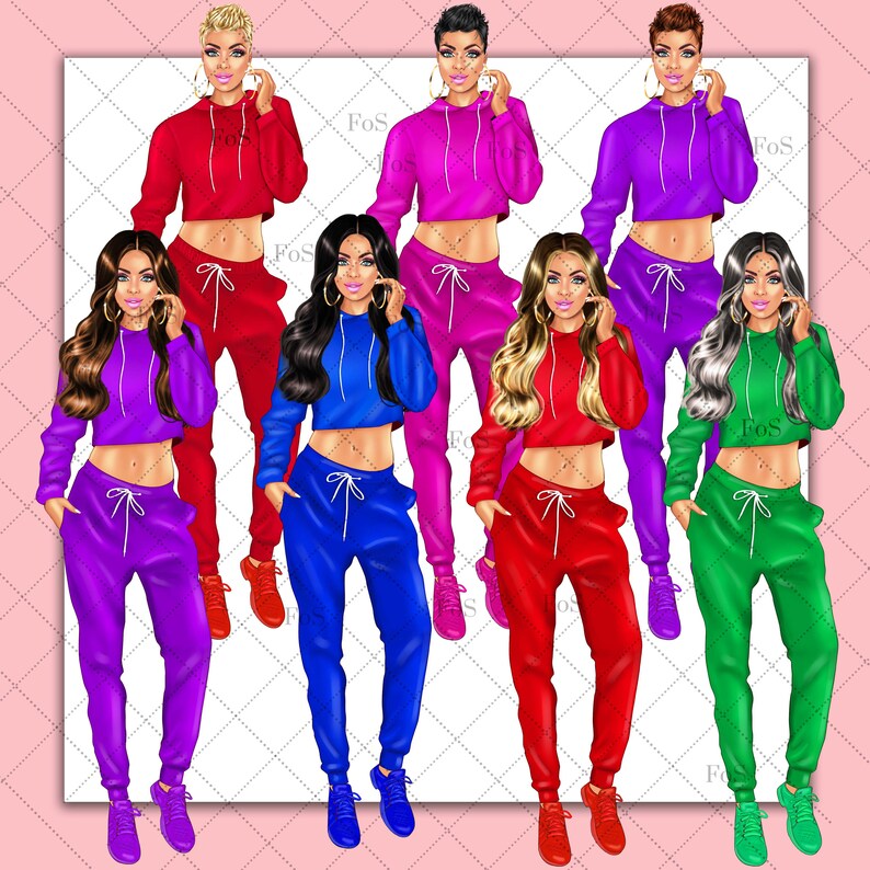 May include: Six illustrations of women wearing different colored cropped hoodies and matching sweatpants. The women are all wearing sneakers and have their hair styled in different ways.