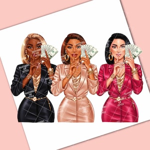 May include: Three women in business suits, each holding a wad of cash and with their finger to their lips, as if to say "shh".
