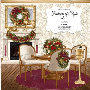 Christmas scene, Dining room scene, Christmas dinner clipart, Christmas background,Background scene, Homedecor clipart, Fashion Illustration