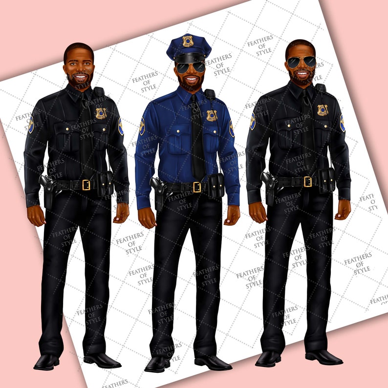 Op de afbeelding: Drie illustraties van een politieagent in uniform. De agent wordt afgebeeld in drie verschillende outfits: een marineblauw uniform met een pet, een zwart uniform en een zwart uniform met een shirt met lange mouwen. De illustraties bevatten de tekst "FEATHERS OF STYLE".