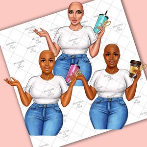 May include: Digital illustration of three women wearing white t-shirts and blue jeans, each holding a different tumbler or coffee cup. The image has the text "FEATHERS OF STYLE" repeated across the background.