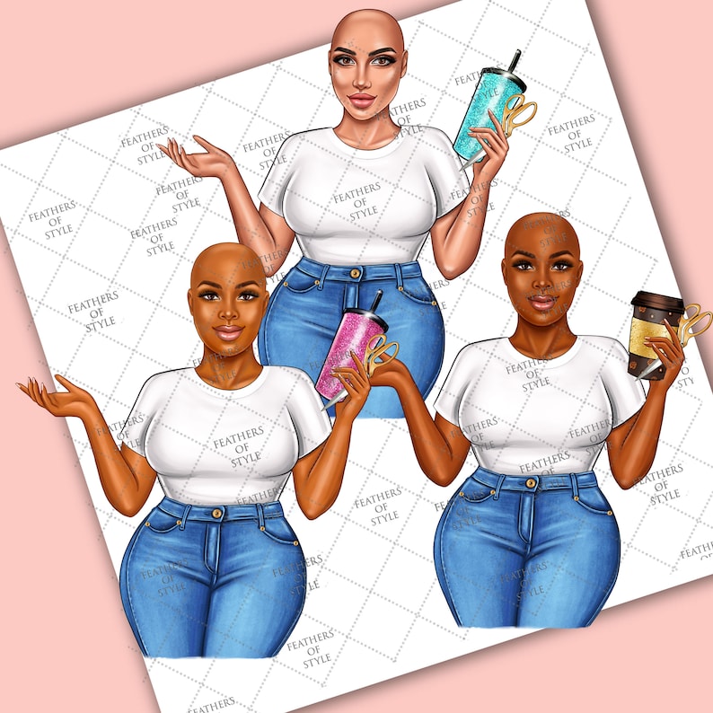 May include: Digital illustration of three women wearing white t-shirts and blue jeans, each holding a different tumbler or coffee cup. The image has the text "FEATHERS OF STYLE" repeated across the background.