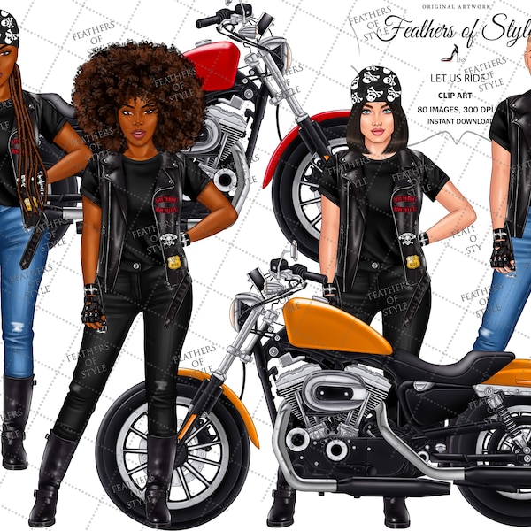 Motor Girl Clipart, Bike Girl Clipart, Reiter Clipart, Denim Mädchen Clipart, African American Clipart, Afro Mädchen Clipart