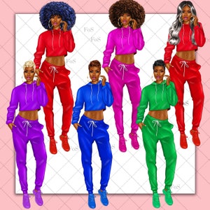 May include: Five illustrations of women wearing different colored crop tops and matching sweatpants. The women have different hairstyles and skin tones. The colors of the outfits are red, pink, blue, green, and purple.