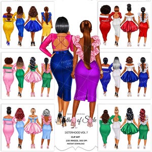 Peut inclure: Ensemble d'images clipart numériques de 230 images représentant des illustrations de cinq femmes dans différentes poses et tenues. Les femmes sont toutes noires et ont de longs cheveux flottants. Elles portent une variété de robes et de jupes colorées. Les images sont parfaites pour créer des invitations, des cartes et d'autres projets numériques.