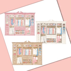 May include: Three illustrations of walk-in wardrobes with different coloured wood finishes. Each wardrobe has shelves, drawers, and hanging space for clothes. The wardrobes are filled with clothing, shoes, and accessories.