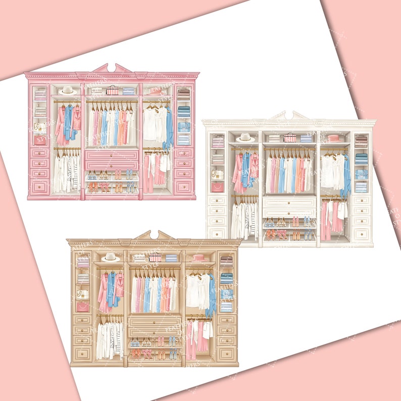 May include: Three illustrations of walk-in wardrobes with different coloured wood finishes. Each wardrobe has shelves, drawers, and hanging space for clothes. The wardrobes are filled with clothing, shoes, and accessories.