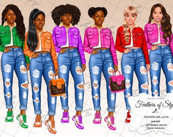 Teenager girl clipart, Student girl clipart, Fashion girl clipart, Denim girl clipart, African American clipart, Afro girls clipart