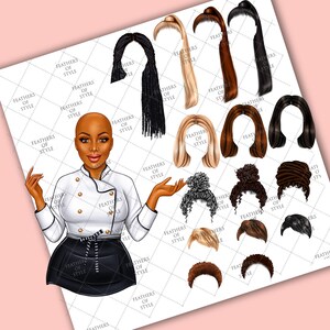 May include: A digital illustration of a Black woman chef wearing a white chef's jacket and a black and white skirt. The image includes a variety of hairstyles for women, including braids, buns, and curly hair.