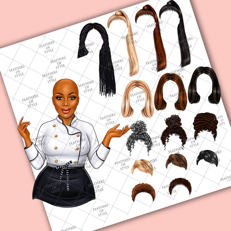 May include: A digital illustration of a Black woman chef wearing a white chef's jacket and a black and white skirt. The image includes a variety of hairstyles for women, including braids, buns, and curly hair.
