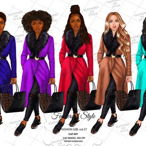 May include: Four digital illustrations of women wearing different colored coats with fur collars and carrying handbags. The women are wearing black jeans and sneakers. The background is white with a pattern of feathers.