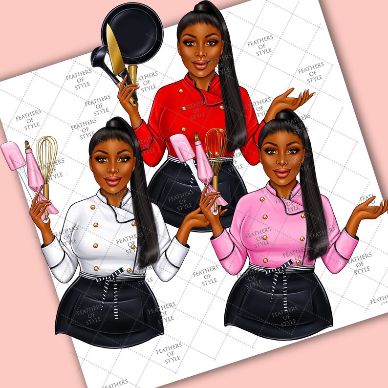 May include: Three illustrations of a chef wearing a white, red, and pink chef's jacket with a black apron and black skirt. Each chef is holding different kitchen utensils, including a whisk, spatula, and frying pan.