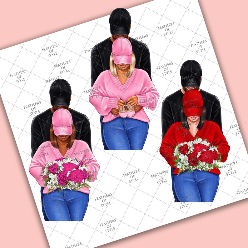 May include: Digital illustration featuring couples in various poses. Each couple is depicted with one person wearing a black cap and sweater, and the other in a pink or red cap and sweater. Some hold baby shoes or flowers. The background is a diamond pattern.