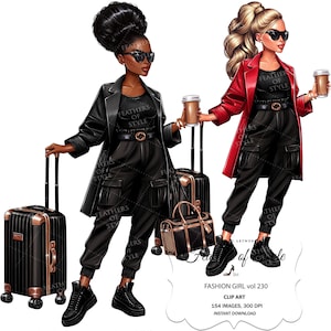 Voyage clipart, clipart fille de voyage, clipart fille bien roulée. Clipart mode, valise clipart, clipart afro-américain, clipart bagage