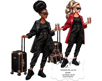 Travel clipart, Travel girl clipart, Curvy girl clipart. Fashion clipart, Suitcase clipart, African American clipart, Luggage clipart