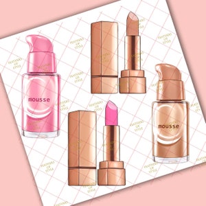 May include: Four makeup products in a pink and gold color scheme. Two lipsticks, one foundation, and one serum. The lipsticks are in gold tubes with pink bullets. The foundation and serum are in clear bottles with pink and gold labels. The labels say "mousse".