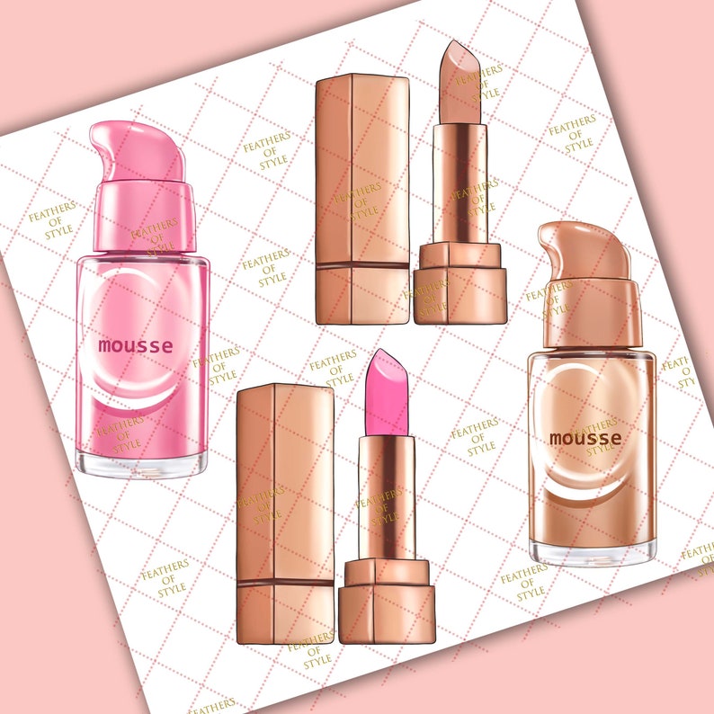 May include: Four makeup products in a pink and gold color scheme. Two lipsticks, one foundation, and one serum. The lipsticks are in gold tubes with pink bullets. The foundation and serum are in clear bottles with pink and gold labels. The labels say "mousse".
