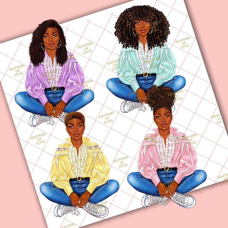May include: Four illustrations of women with different hairstyles wearing blue jeans and blouses with lace details. The blouses are in different colors: purple, light blue, yellow, and pink.