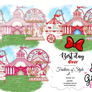 Pretpark clipart, carrousel clipart, reuzenrad clipart, kermis scène carnaval illustratie roze carnaval scène roze carrousel scène
