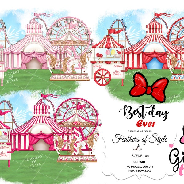 Parc d’attractions Clipart, Clipart carrousel, clipart grande roue, scène de fête foraine Illustration de carnaval Scène de carnaval rose scène de carrousel rose