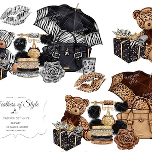 May include: A digital illustration set of 19 images featuring a black and white zebra print and leopard print theme. The set includes a handbag, a teddy bear, a vintage rotary phone, a gift box, a rose, a pair of lips, and an umbrella. The text "Feathers of Style" is included in the image.