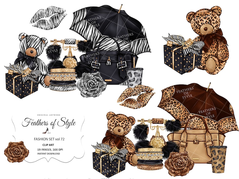 May include: A digital illustration set of 19 images featuring a black and white zebra print and leopard print theme. The set includes a handbag, a teddy bear, a vintage rotary phone, a gift box, a rose, a pair of lips, and an umbrella. The text "Feathers of Style" is included in the image.
