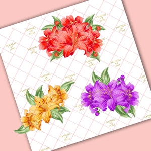 May include: Three bouquets of flowers, each with a different color scheme. The first bouquet is red, the second is yellow, and the third is purple. Each bouquet has green leaves and stems.
