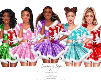 May include: Four digital illustrations of women wearing winter outfits and holding wrapped gifts. The women are wearing green, pink, purple, and blue outfits with white fur trim. The gifts are red, pink, blue, and red with white bows.