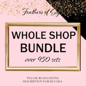 May include: A pink background with gold confetti and a gold-framed rectangle. The rectangle contains the words "WHOLE SHOP BUNDLE" in large black letters, with "over 950 sets" below. The text "Feathers of Sty" is at the top.