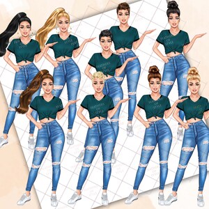 May include: Nine digital illustrations of women wearing teal t-shirts with the text "Feathers of Style" and ripped blue jeans. Each woman has a different hairstyle and is posing with her hands on her hips.