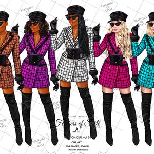 May include: Four digital illustrations of women wearing different colored plaid blazers with black belts and black knee-high boots. The women are wearing black hats and sunglasses. The background is white.