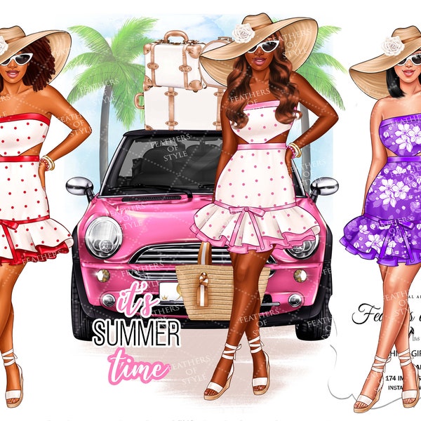 Summer girls clipart, Travel time clipart, Holiday Girls clipart, Fashion girl clipart, Afro girls clipart