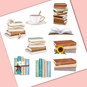 May include: A set of digital clipart images featuring stacks of books, an open book, a cup of coffee, and a book with a sunflower on top. The images are in a watercolor style and have a vintage aesthetic.