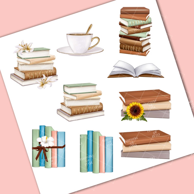 May include: A set of digital clipart images featuring stacks of books, an open book, a cup of coffee, and a book with a sunflower on top. The images are in a watercolor style and have a vintage aesthetic.