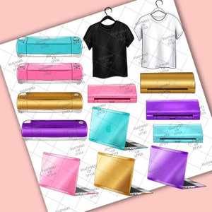 May include: An illustration featuring a variety of craft machines in teal, pink, gold, and purple, along with black and white t-shirts on hangers, and laptops in matching colors. The text "FEATHERS OF STYLE" is repeated throughout the image.
