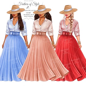 May include: Illustration of three fashion figures wearing long pleated skirts in blue, peach, and red. Each figure has a striped shirt, a wide-brimmed hat, and a belt. The image includes the text "Feathers of Style" and "Fashion Girl vol 300".