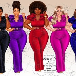 May include: Five digital illustrations of women wearing different colored jumpsuits with ruffled collars. The women have different hairstyles and skin tones. The jumpsuits are black, purple, red, pink, and blue.