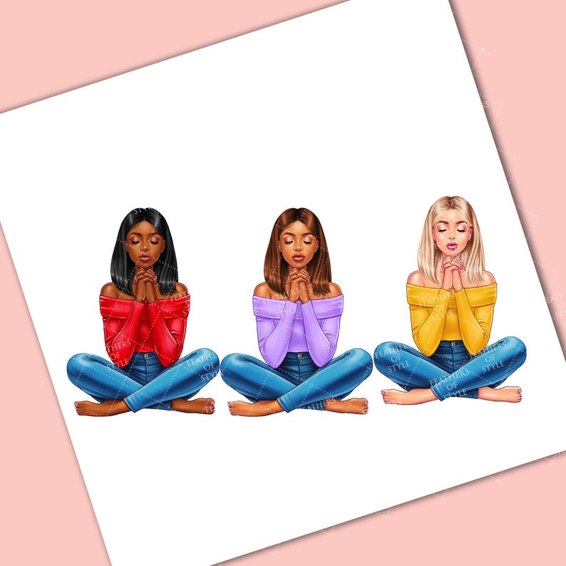 May include: Three women are sitting with their legs crossed, wearing off-the-shoulder tops and jeans. They are all praying with their hands clasped together. The women are wearing different colored tops: red, purple, and yellow.