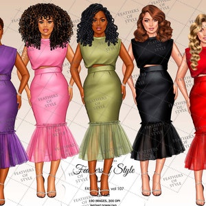 May include: Five digital illustrations of women wearing different outfits. Each woman is wearing a skirt and top with a matching color scheme. The outfits are in pink, green, black, red, and purple. The women are standing in a row and the text "Feathers of Style" is at the bottom of the image.