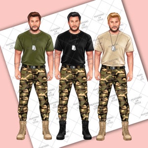 Op de afbeelding: Drie illustraties van figuren in militaire kleding. Elke figuur draagt een T-shirt met korte mouwen, een camouflage cargobroek en laarzen. De shirts zijn olijfgroen, zwart en beige. Elke figuur heeft een halsketting met een hondenpenning.